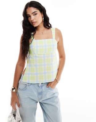 ASOS DESIGN poplin square neck cami top in green check