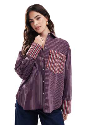 poplin stripe mix oversized shirt in burgundy-Multi