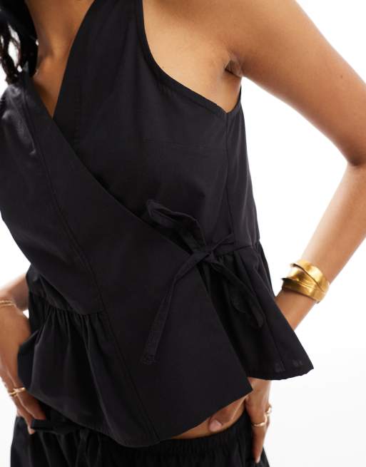ASOS DESIGN poplin swing wrap top in black
