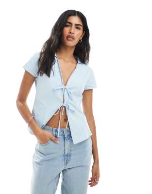 Asos Design Poplin Tie Front Fitted Shirt In Blue