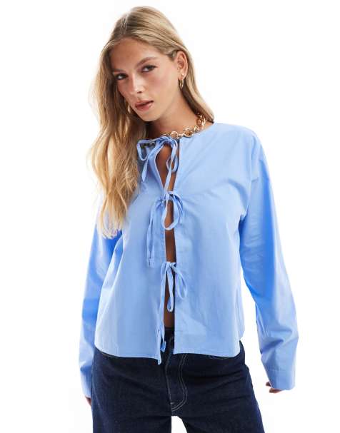 ASOS DESIGN poplin tie front long sleeve blouse in blue - view 1