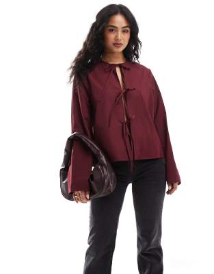 Asos Design Poplin Tie Front Long Sleeve Blouse In Bugundy-red