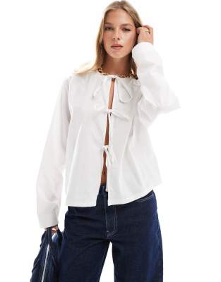 Asos Design Poplin Tie Front Long Sleeve Blouse In White