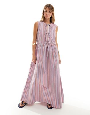 Asos Design Poplin Tie Front Maxi Dress In Stripe-blue