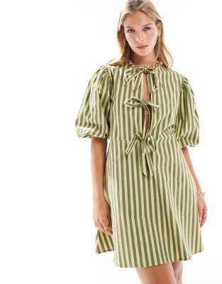 Asos Design Poplin Tie Front Mini Dress In Green Stripe-multi