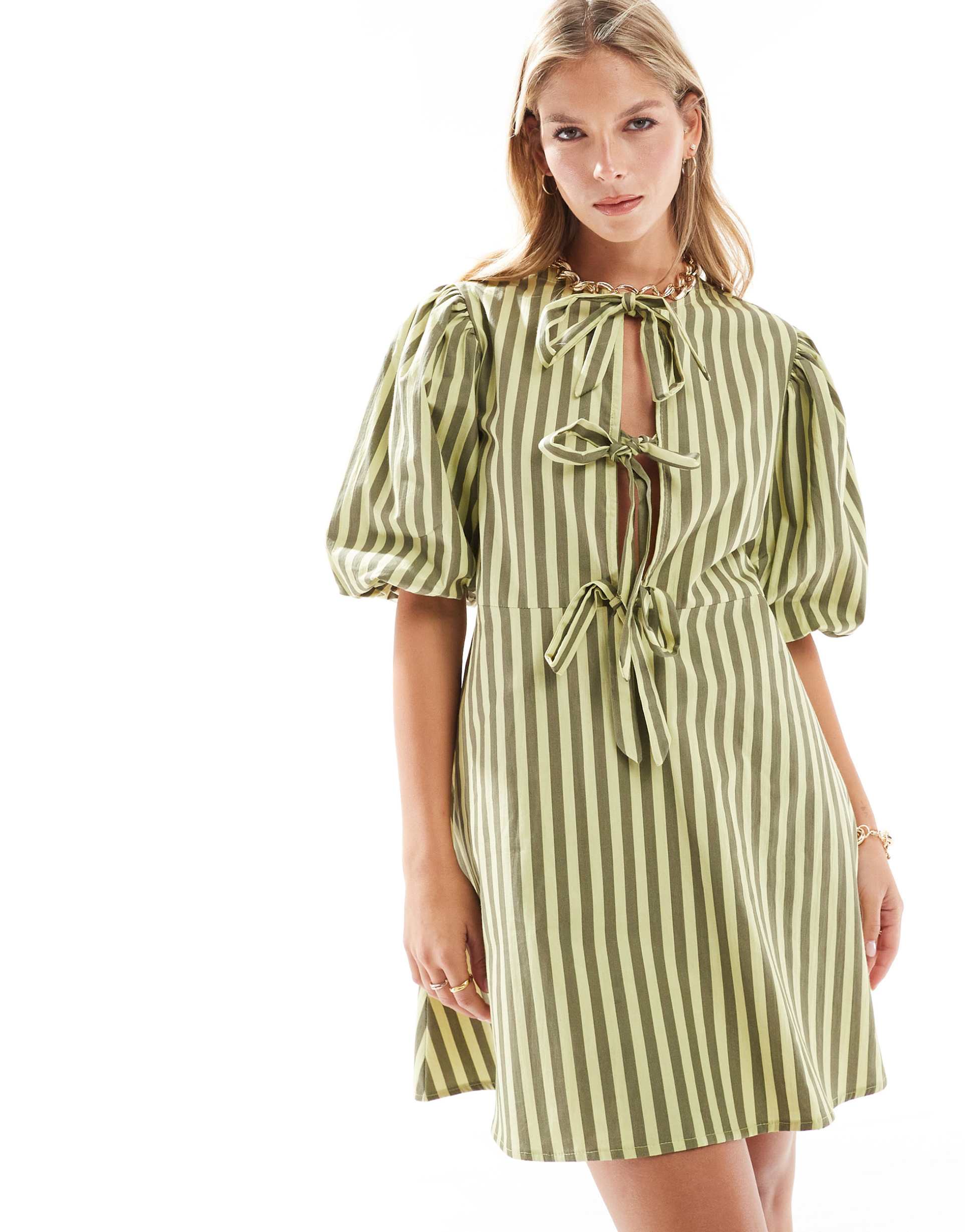 asos design poplin tie front mini dress in green stripe