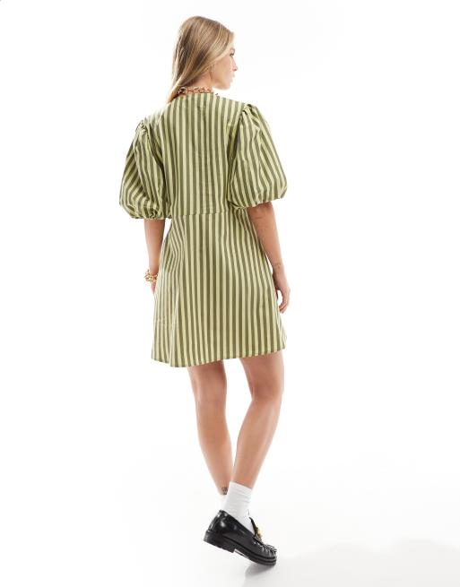 ASOS DESIGN poplin tie front mini dress in green stripe | ASOS