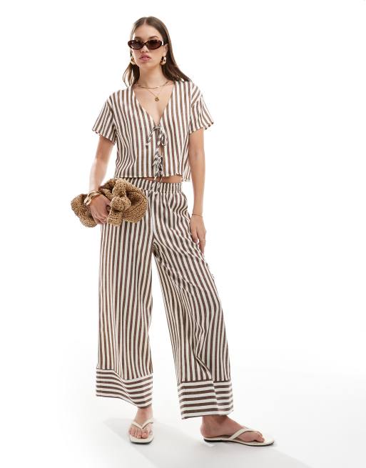 ASOS DESIGN poplin tie set in brown stripe