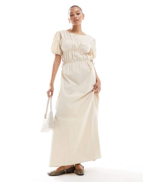 ASOS DESIGN poplin tie side shirred maxi dress in stone - view 1