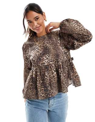 Asos Design Poplin Tie Side Smock Blouse In Leopard Print-multi