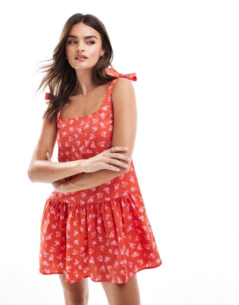 ASOS DESIGN poplin tie strap drop waist mini dress in red ditsy - view 1