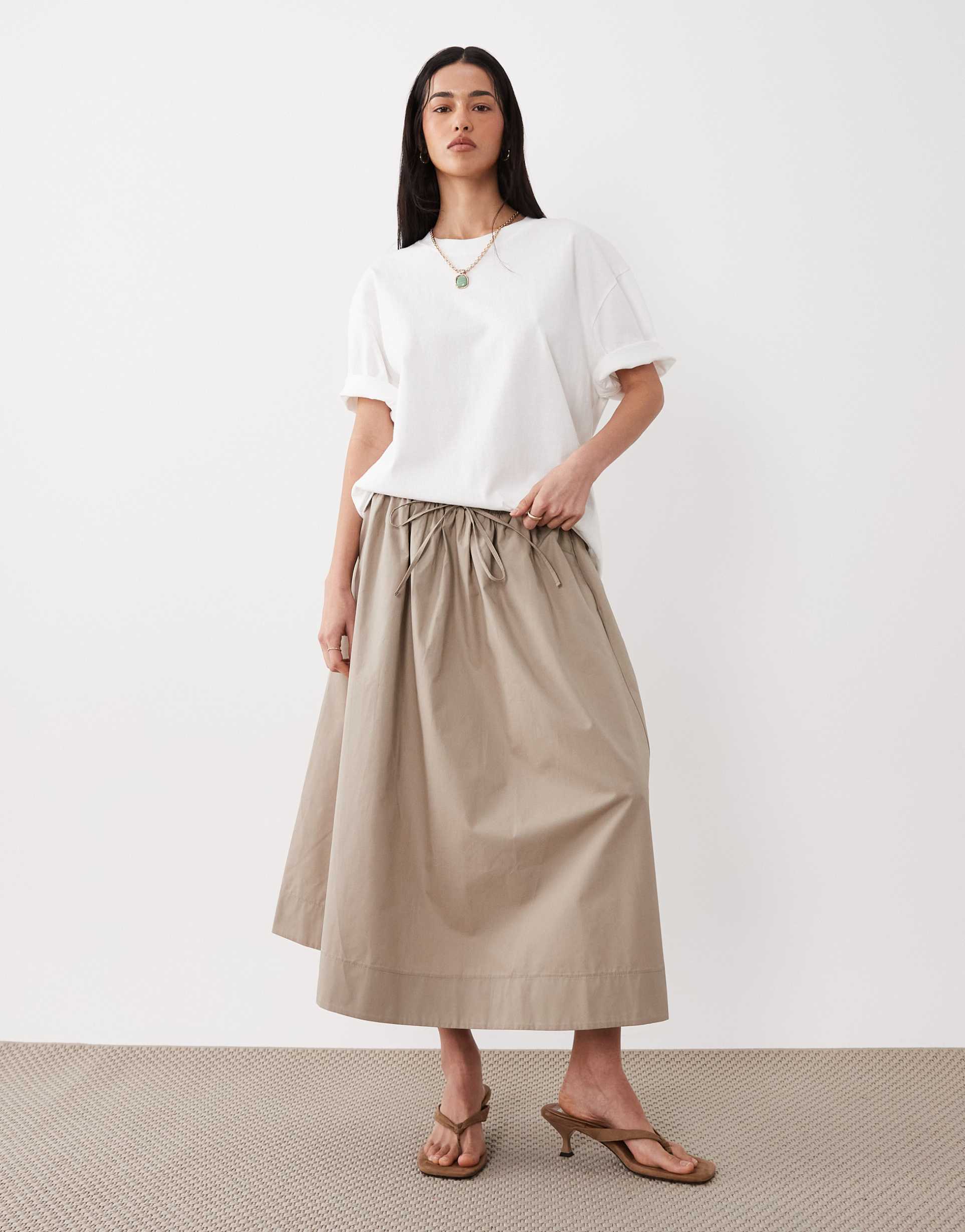 asos design poplin tie waist circle midaxi skirt in stone