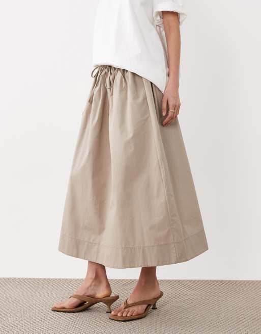 ASOS DESIGN poplin tie waist circle midaxi skirt in stone, 2 of 5