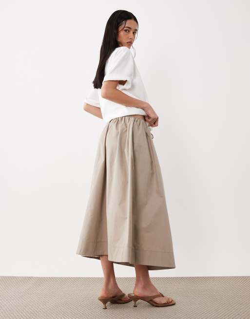 ASOS DESIGN poplin tie waist circle midaxi skirt in stone, 3 of 5