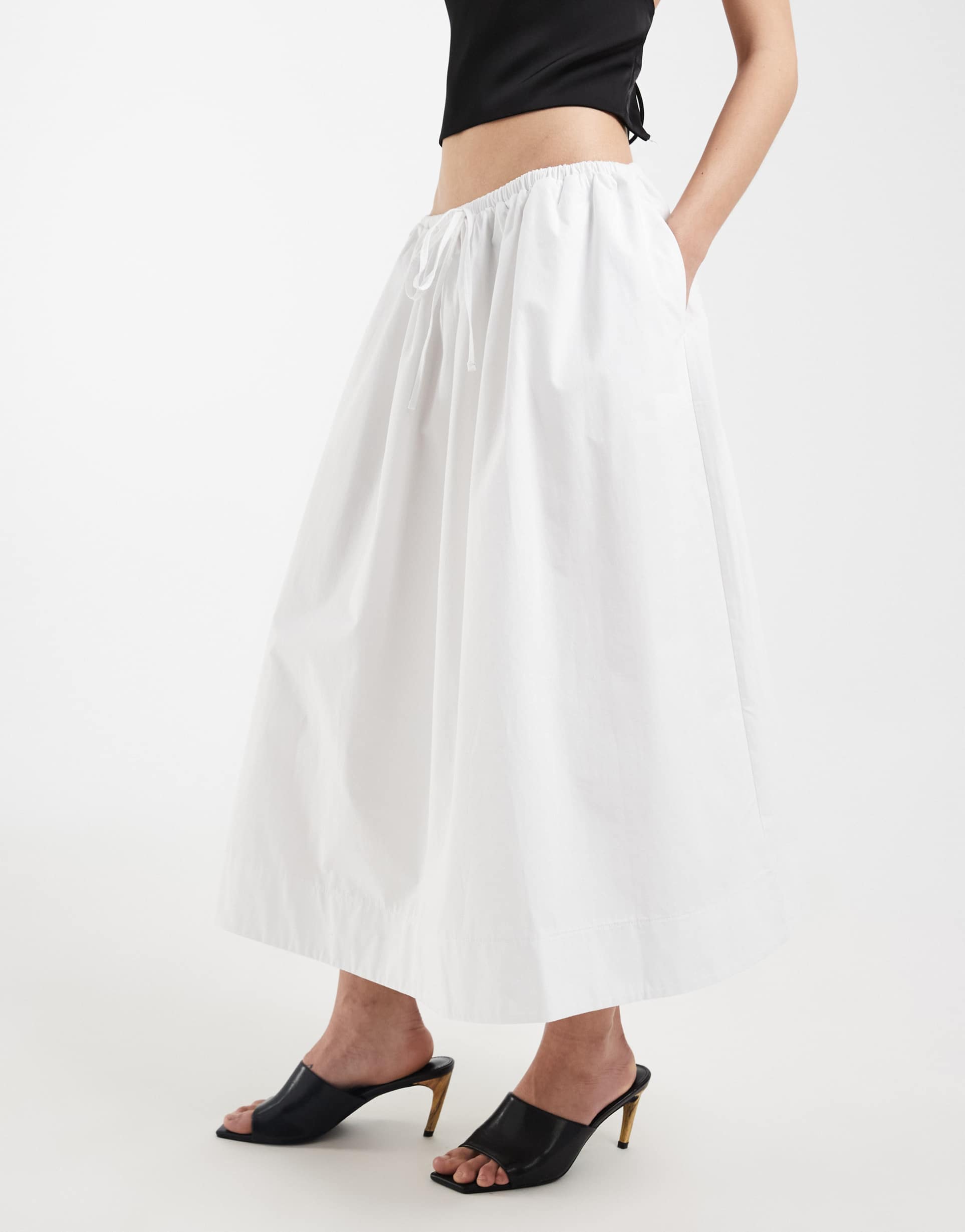 asos design poplin tie waist circle midaxi skirt in white
