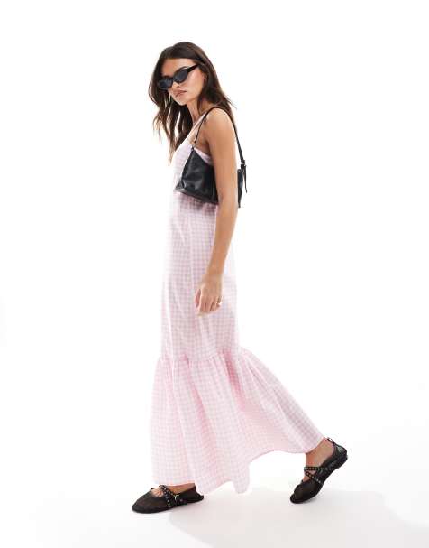 ASOS DESIGN poplin tiered maxi dress in pink gingham - view 1