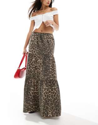 Asos Design Poplin Tiered Maxi Skirt In Leopard Print-brown