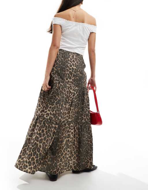 ASOS DESIGN poplin tiered maxi skirt in leopard print