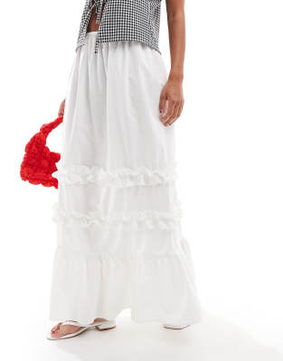 Asos Design Poplin Tiered Ruffle Maxi Skirt In White