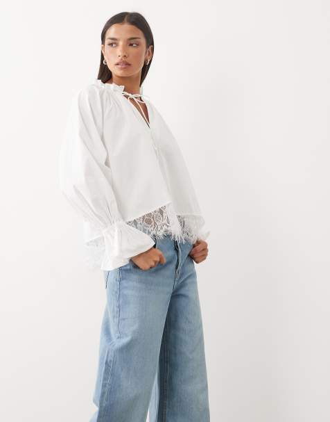 ASOS DESIGN poplin top with lace hem in white - view 1