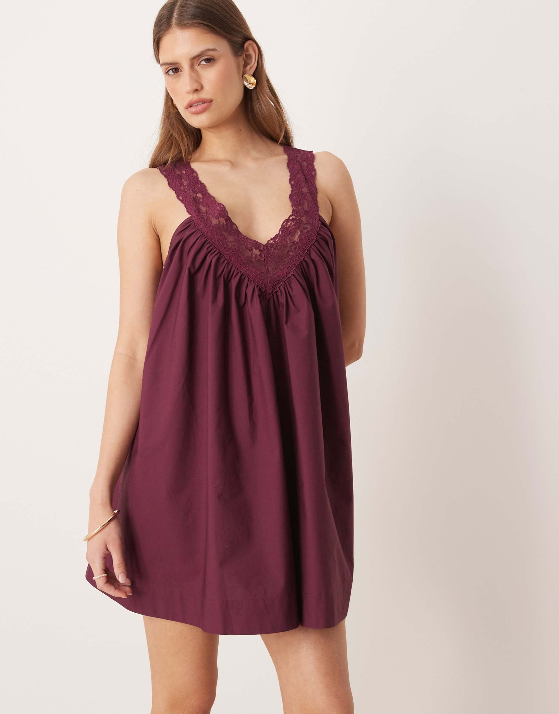 asos design poplin v-neck and back smock mini sundress with lace overlay in plum wine