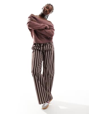 Asos Design Poplin Wide Leg Dad Pants In Chocolate Stripe-brown