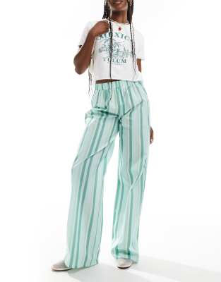 Asos Design Poplin Wide Leg Pants In Green Stripe - Part Of A Set-multi