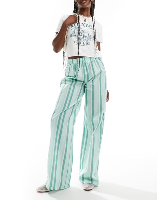 ASOS DESIGN poplin wide leg pants in green stripe - part of a set