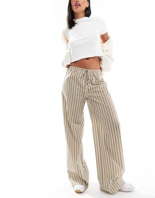 poplin wide leg pants in olive stripe-Multi