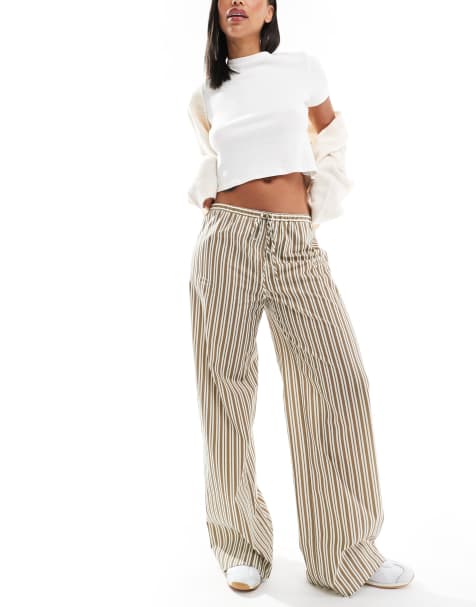 ASOS DESIGN poplin wide leg pants in olive stripe - view 1