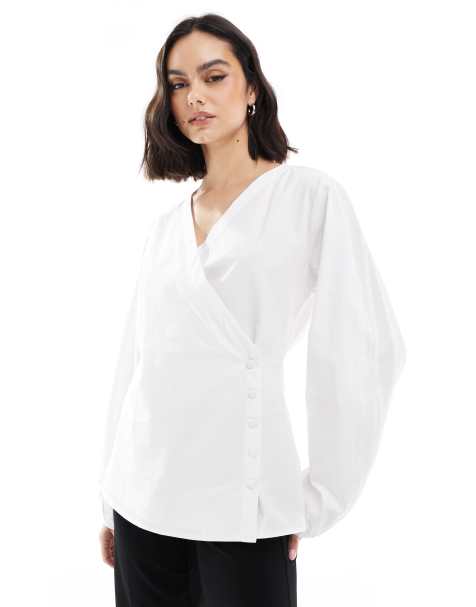 ASOS DESIGN poplin wrap placket cocoon sleeve shirt in white - view 1