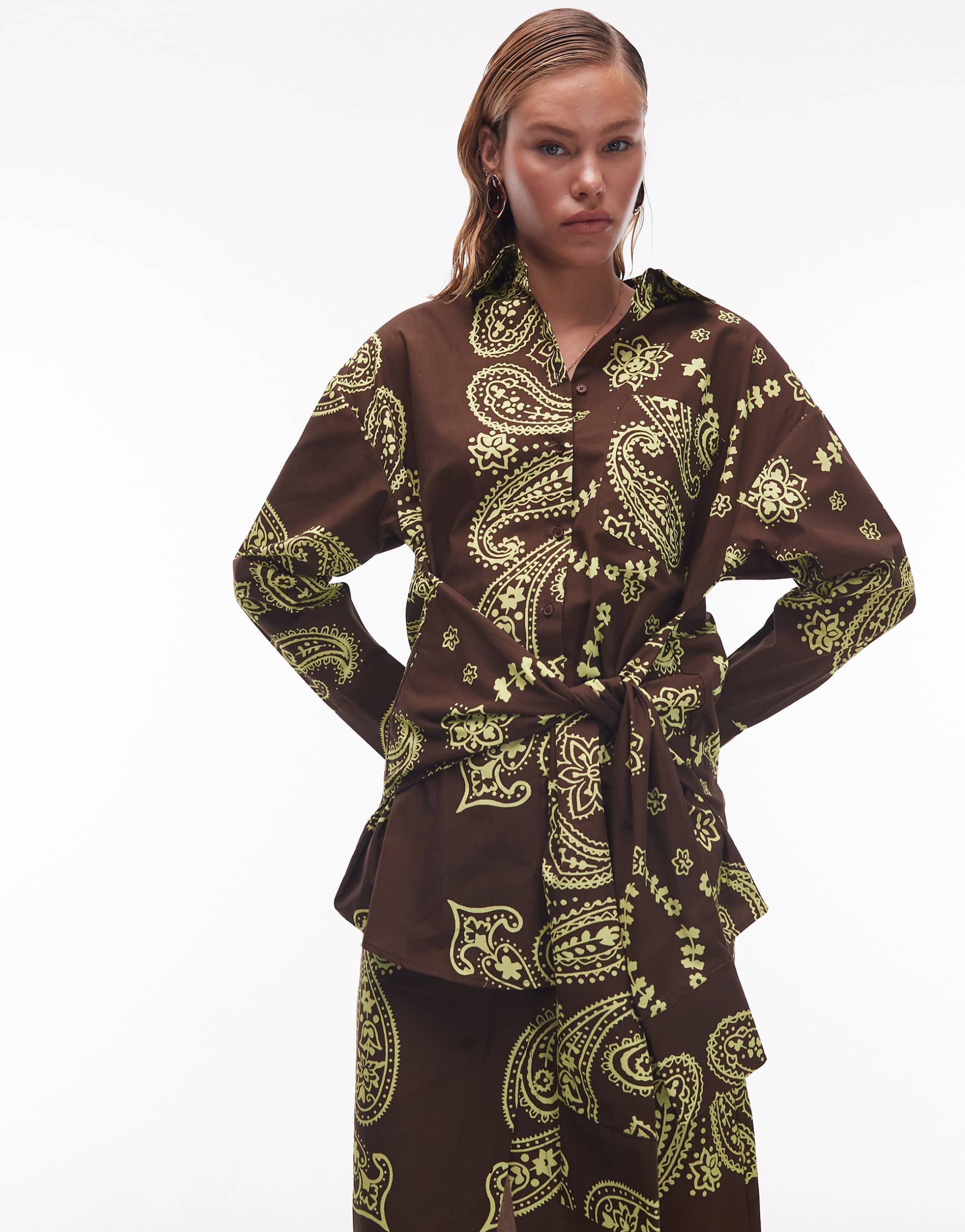 asos design poplin wrap tie waist shirt in paisley print