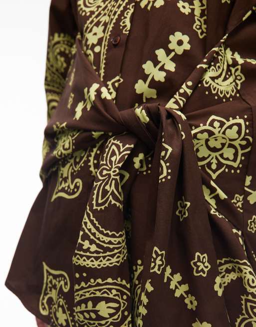 ASOS DESIGN poplin wrap tie waist shirt in paisley print, 2 of 4