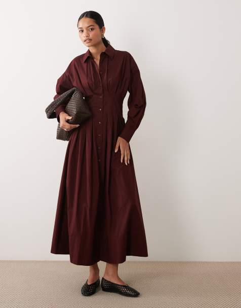 ASOS DESIGN poplinskjortklänning i maxilängd med markerad midja i burgundy - view 1