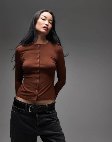 ASOS DESIGN popper detail cardigan in brown - view 1