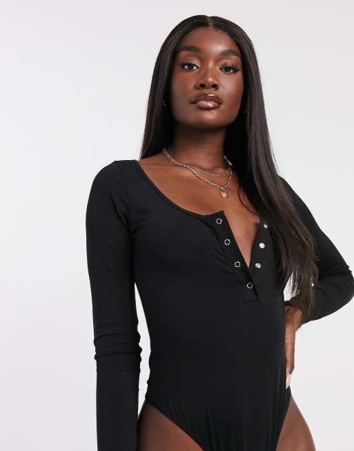 Tall Black Long Sleeve Popper Thong Bodysuit