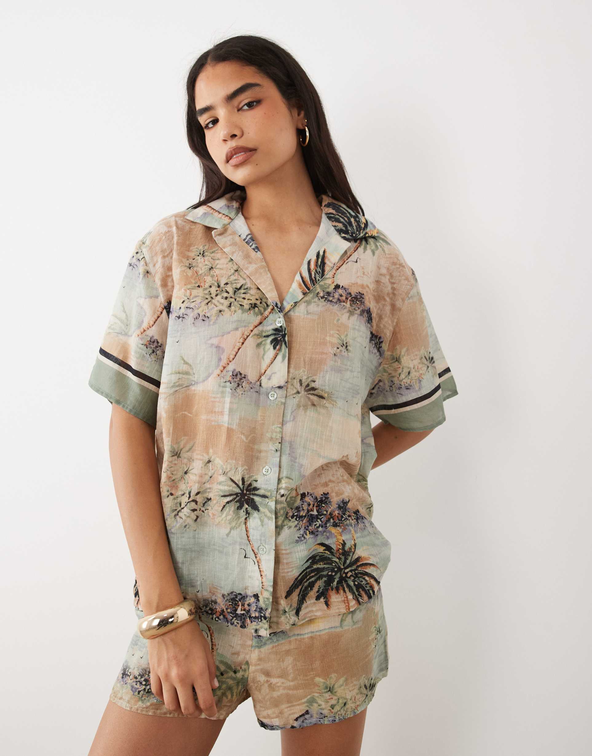 asos design poppy beach sheer cotton supersized cover up shirt in postcard print
