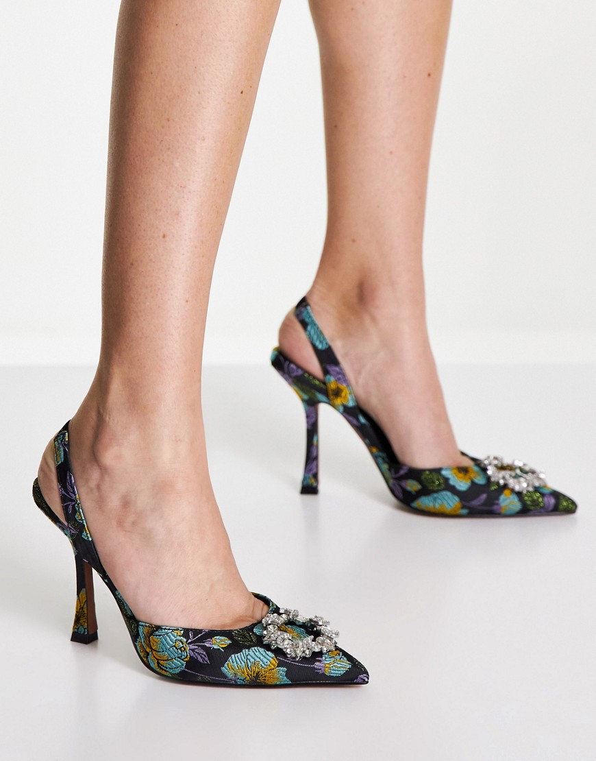 Asos Design Poppy Embellished Slingback High Heeled Shoes In Black Print
