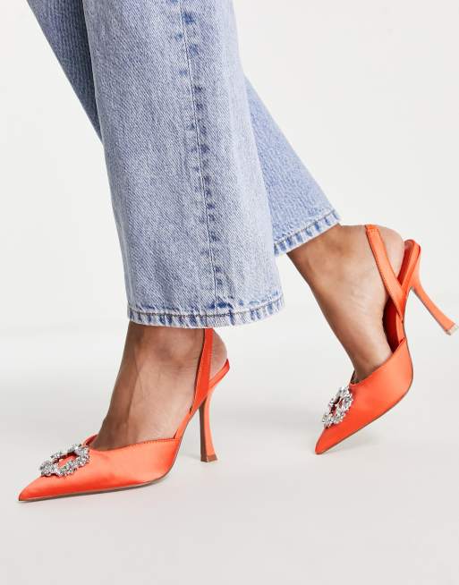 ASOS DESIGN – Poppy – Pomarańczowe buty na wysokim obcasie ze zdobieniami i paskiem za piętą
