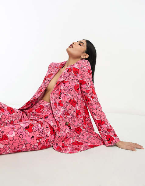 ASOS DESIGN poppy printed oversized double breasted suit blazer with linen in pink - view 1