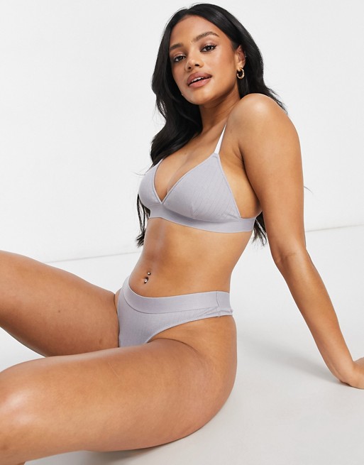 ASOS DESIGN Poppy ribbed soft cotton thong in grey