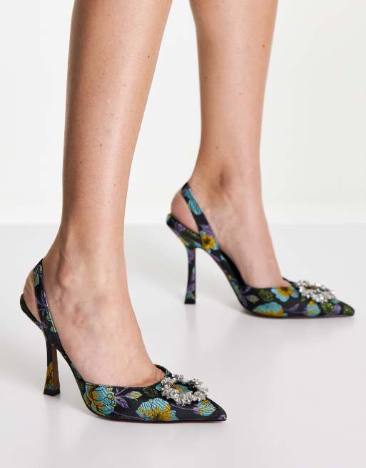 ASOS DESIGN - Poppy - Udsmykkede slingback-sko med høje hæle i sort print