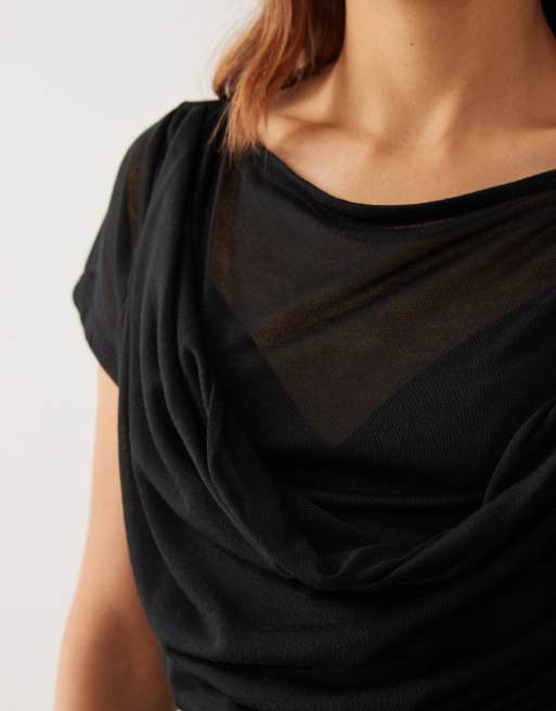 ASOS DESIGN półprzezroczysty top z dzianinowym efektem i drapowaną nakładką w czerni, 4 z 4