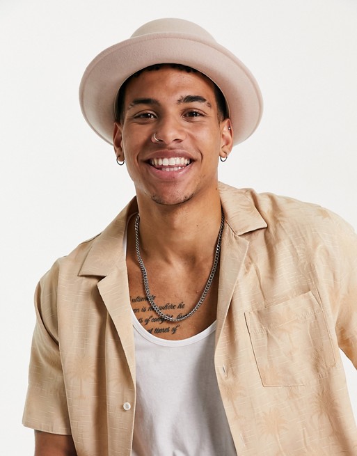 ASOS DESIGN pork pie hat in beige with brown aztec band and size adjuster