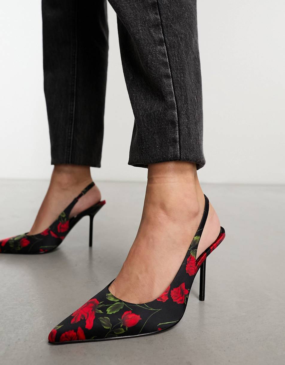 ASOS DESIGN Porsha slingback high heeled shoes in black and red floral ...