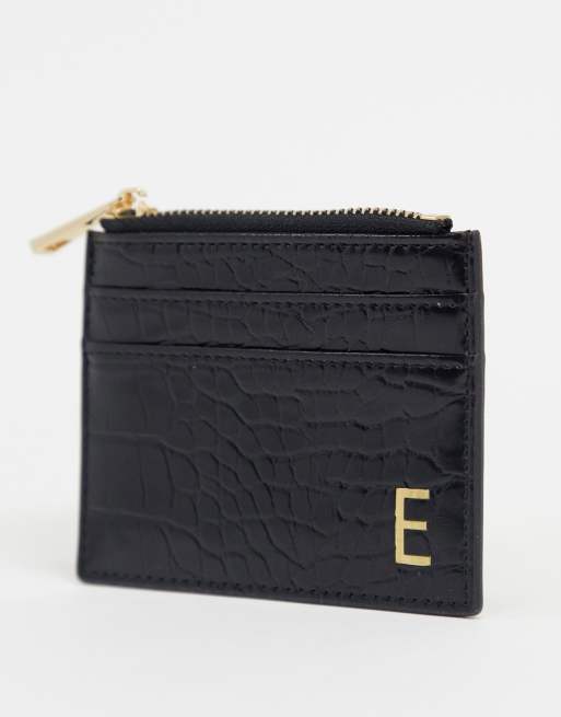 ASOS DESIGN - Portacarte e portamonete nero coccodrillo con iniziale E