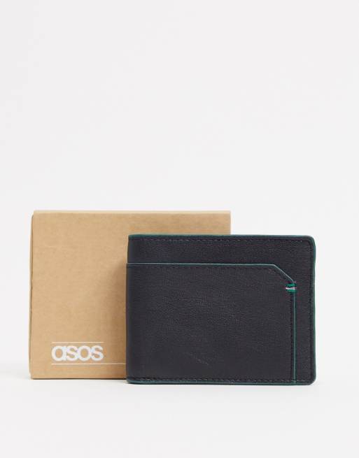 ASOS DESIGN - Portafoglio in pelle nera con dettaglio portacarte