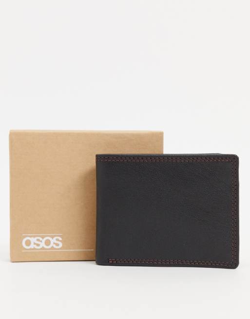 ASOS DESIGN - Portafoglio in pelle nera con interno bordeaux a contrasto e impunture