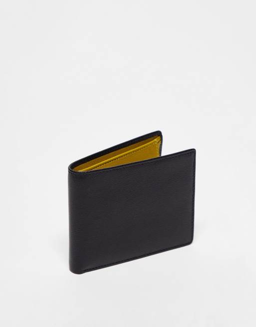 ASOS DESIGN - Portafoglio in vera pelle nero con interno verde oliva