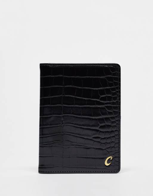 ASOS DESIGN - Portapassaporto nero coccodrillo con iniziale 